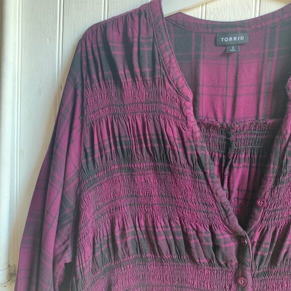 Torrid Purple Black Plaid V neck Shirred Balloon Sleeve Tunic Grunge Milly - 3 - Picture 6 of 13